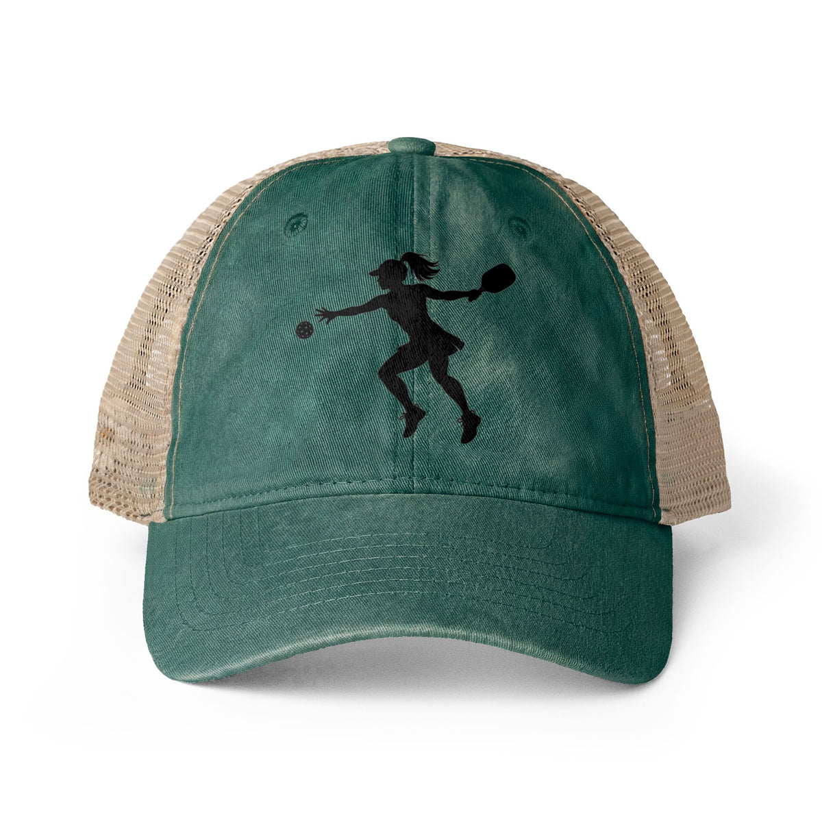 Green trucker hat with mesh side panels and the black silouette of a female pickleball player on a white background.