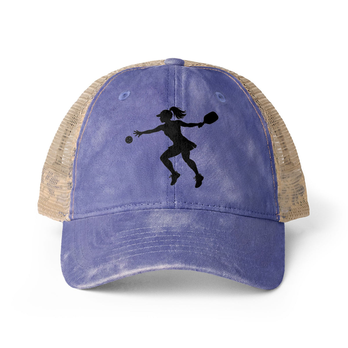 A distressed trucker-style baseball cap with a washed periwinkle blue front panel and brim, tan mesh side panels, and a black silhouette graphic of a female pickleball player on the front.
