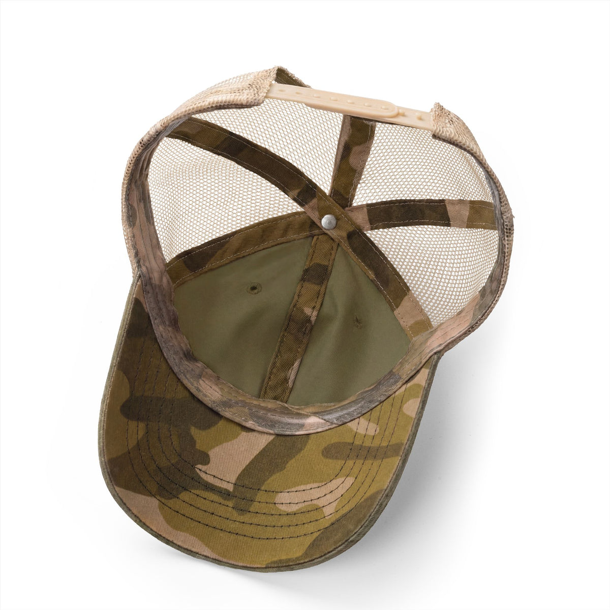 Camouflage baseball cap with mesh back on a white background