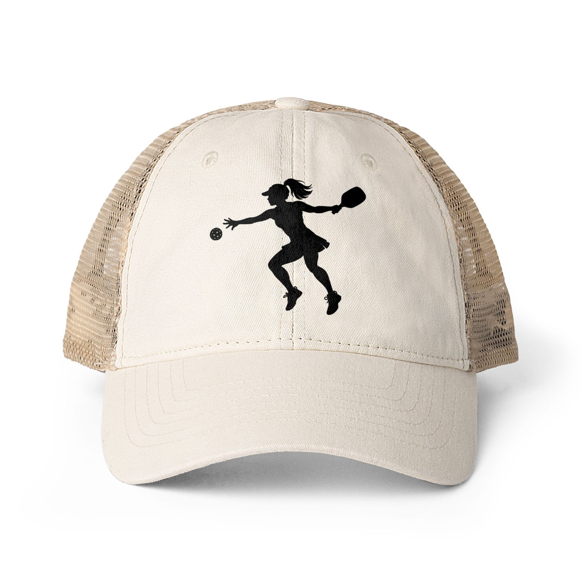 A beige trucker hat with mesh panels side and back with a black silhouette graphic of a pickelball player on the front panel, set against a plain white background.