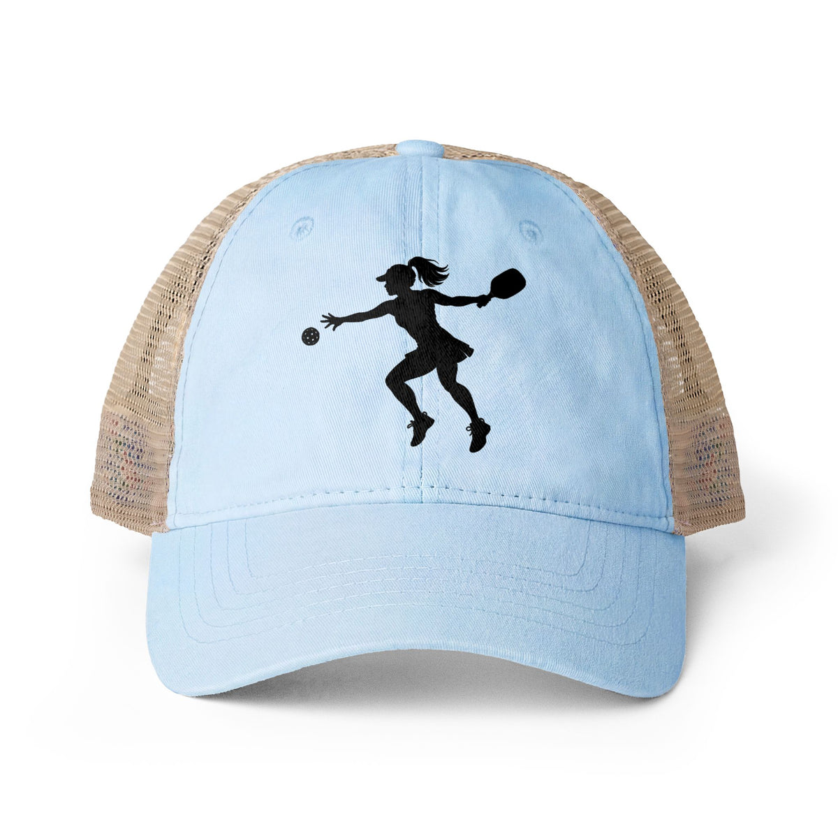 A light blue and tan trucker hat with beige mesh back, featuring a black silhouette graphic of a female pickleball player on the front, shown on a white background.