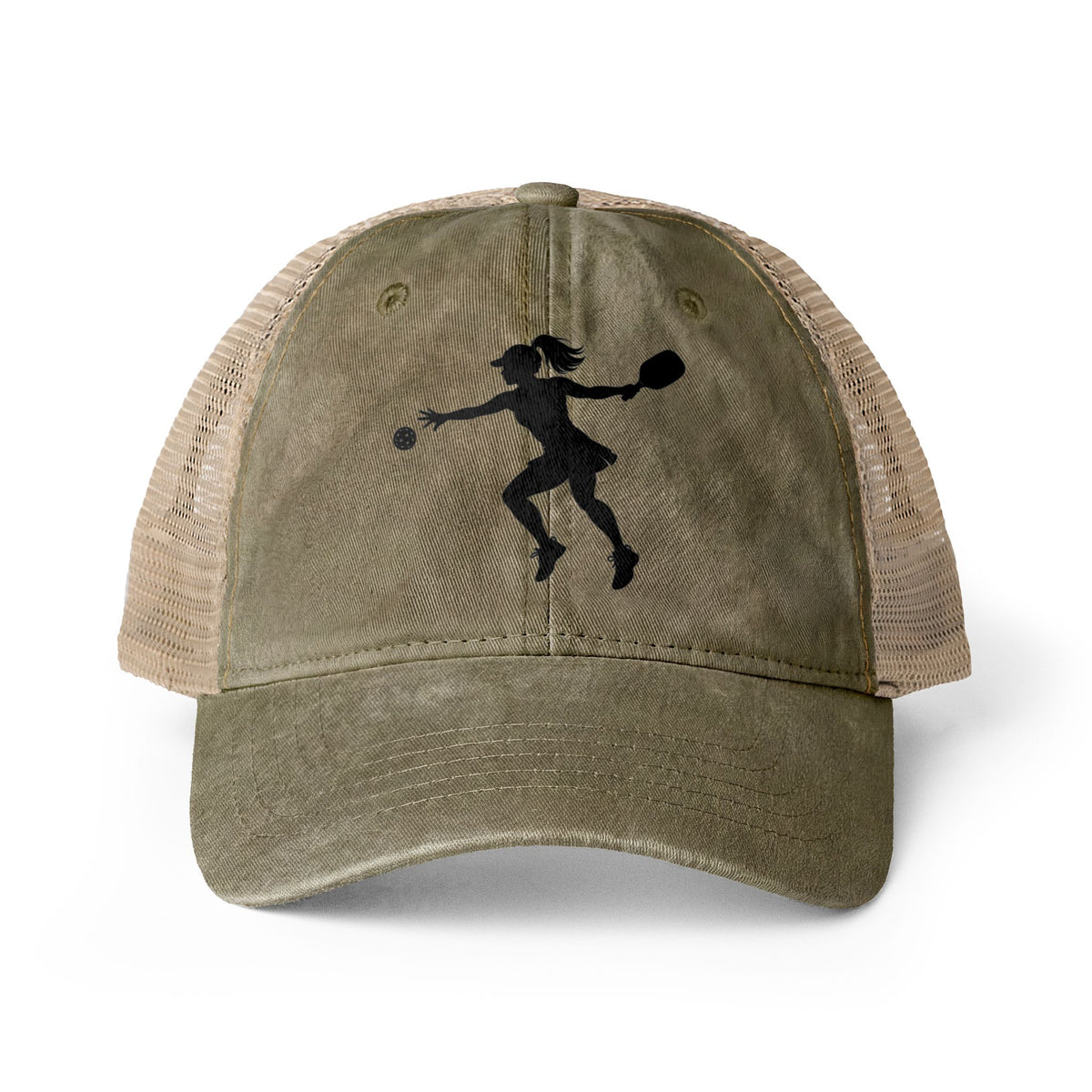 An olive green trucker hat with a black silhouette graphic of a female pickleball player on the front panel and beige mesh back panels, shown against a plain white background.