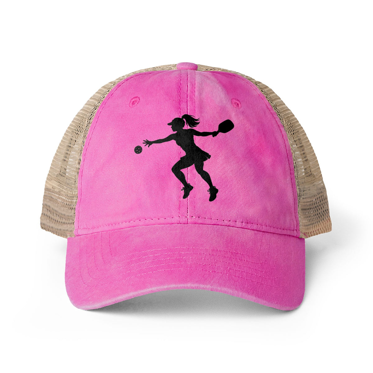 A pink trucker-style baseball cap with beige mesh back panels and a black silhouette graphic of a female pickleball player on the front panel, shown against a plain white background.