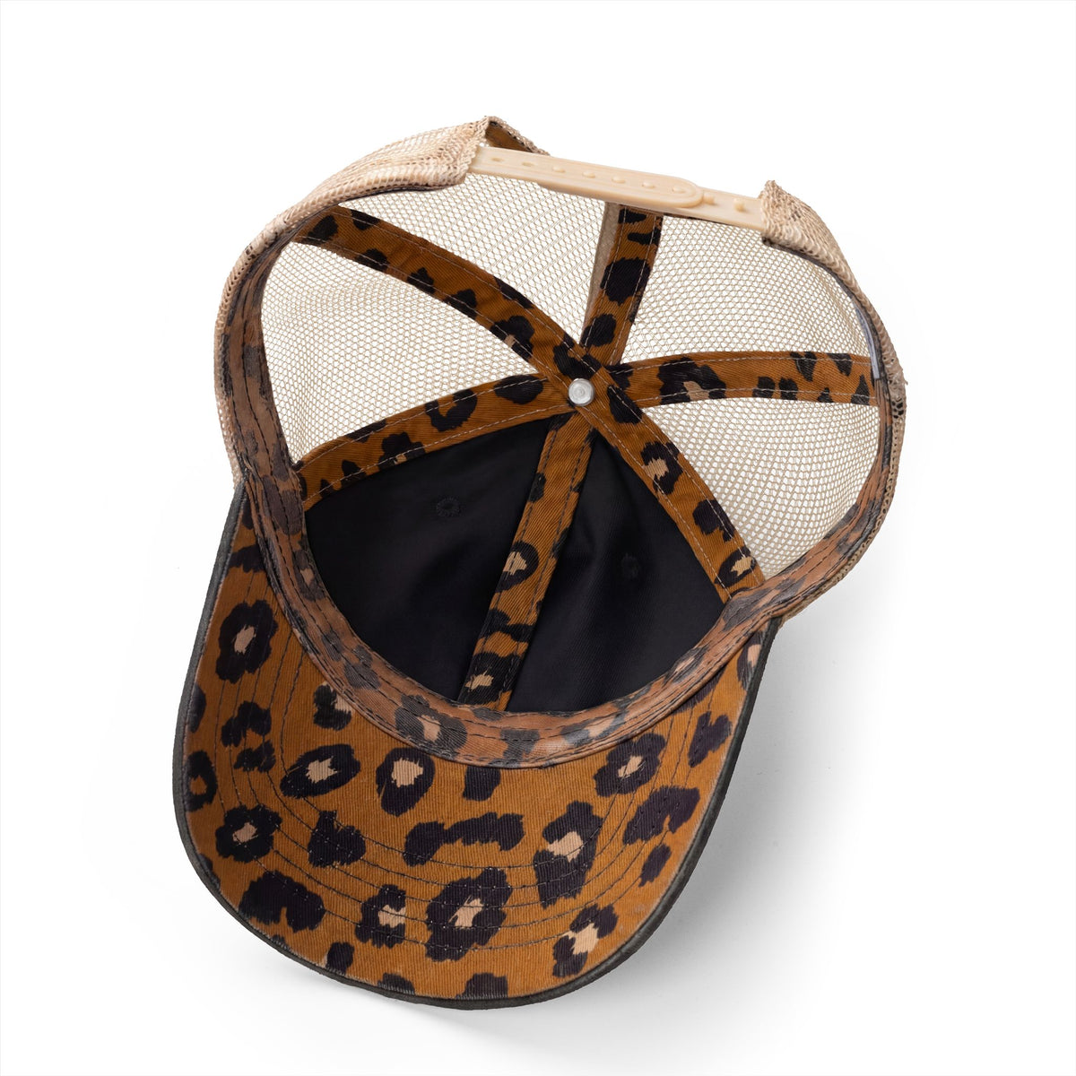 Leopard print baseball cap with mesh back on a white background