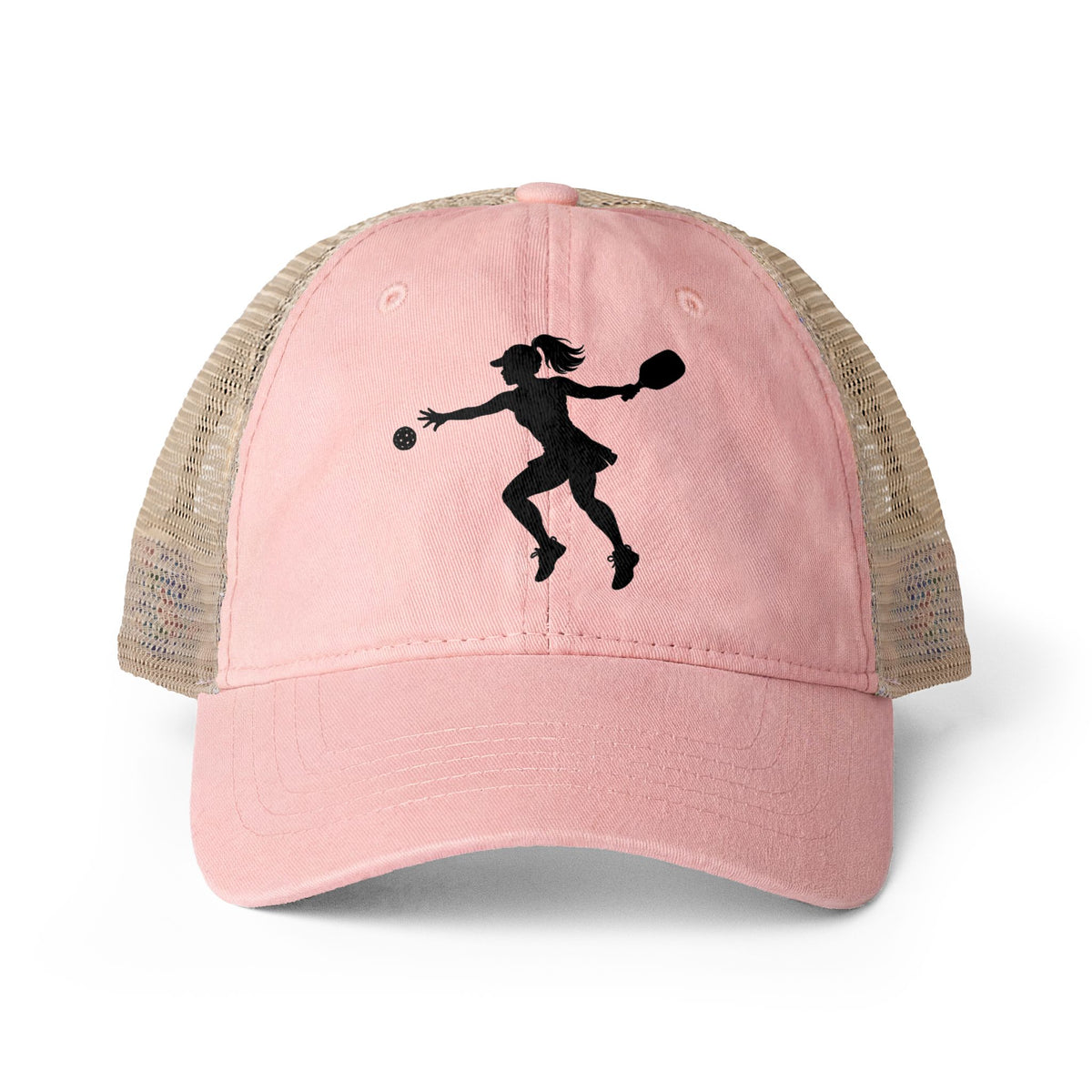 A pink trucker hat with beige mesh back panels and a black silhouette graphic of a female pickleball player on the front, shown on a white background.