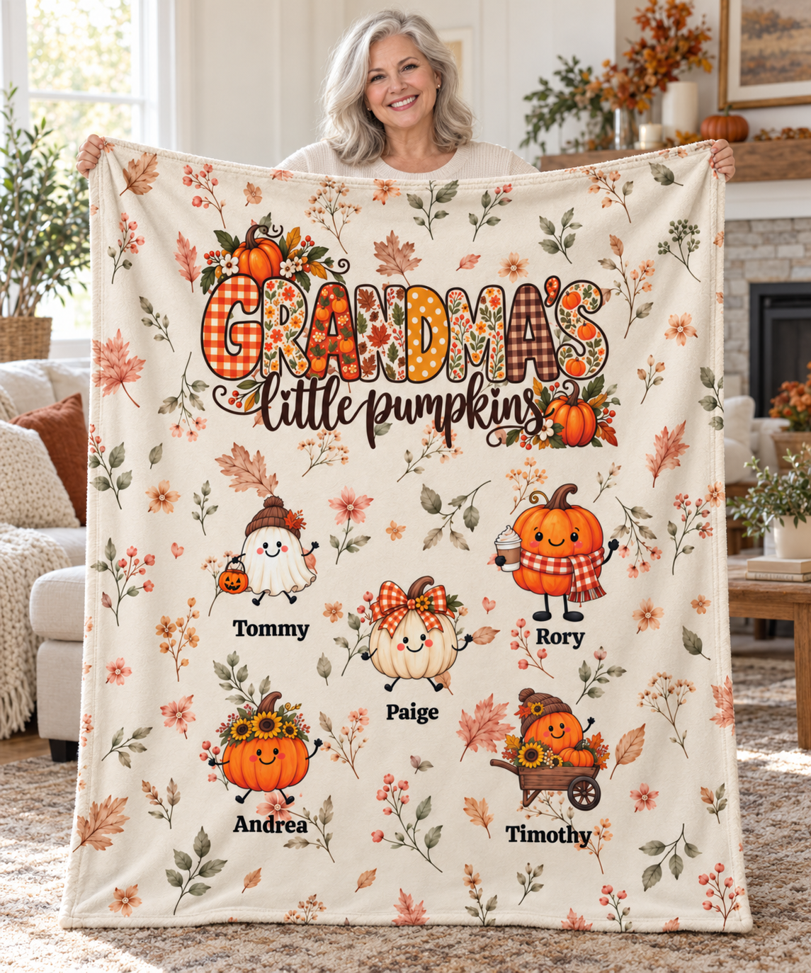 Personalize Grandma's Little Pumpkins Blanket, Custom Fall Theme, Grandkids Names On Velveteen Plush Blanket