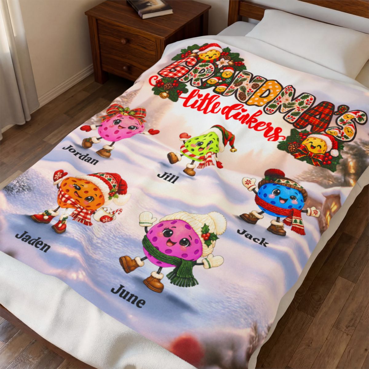 Grandma's Little Dinkers Personalized Xmas Pickleball Themed Velveteen Plush Blanket