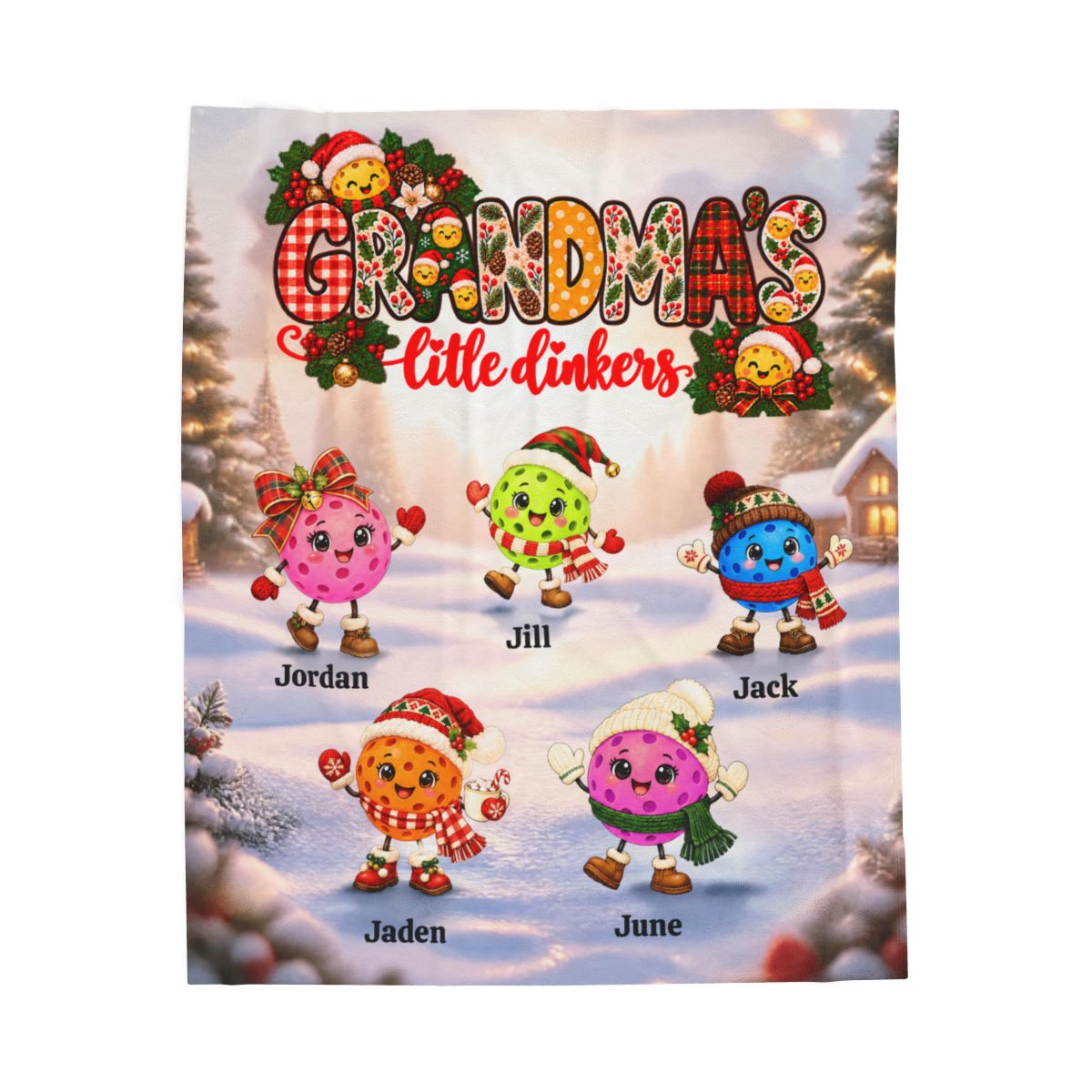 Grandma's Little Dinkers Personalized Xmas Pickleball Themed Velveteen Plush Blanket